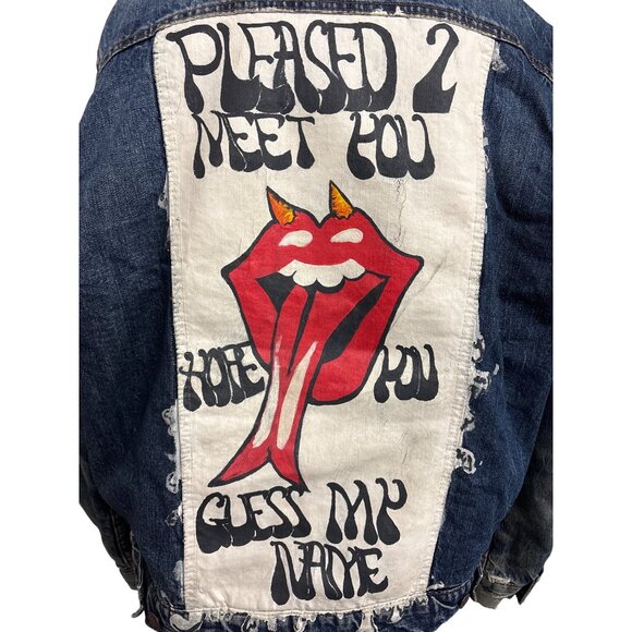 Aeropostale Denim Sherpa Jacket Upcycled Rolling Stones Hand Painted Graphic Art - Picture 9 of 13